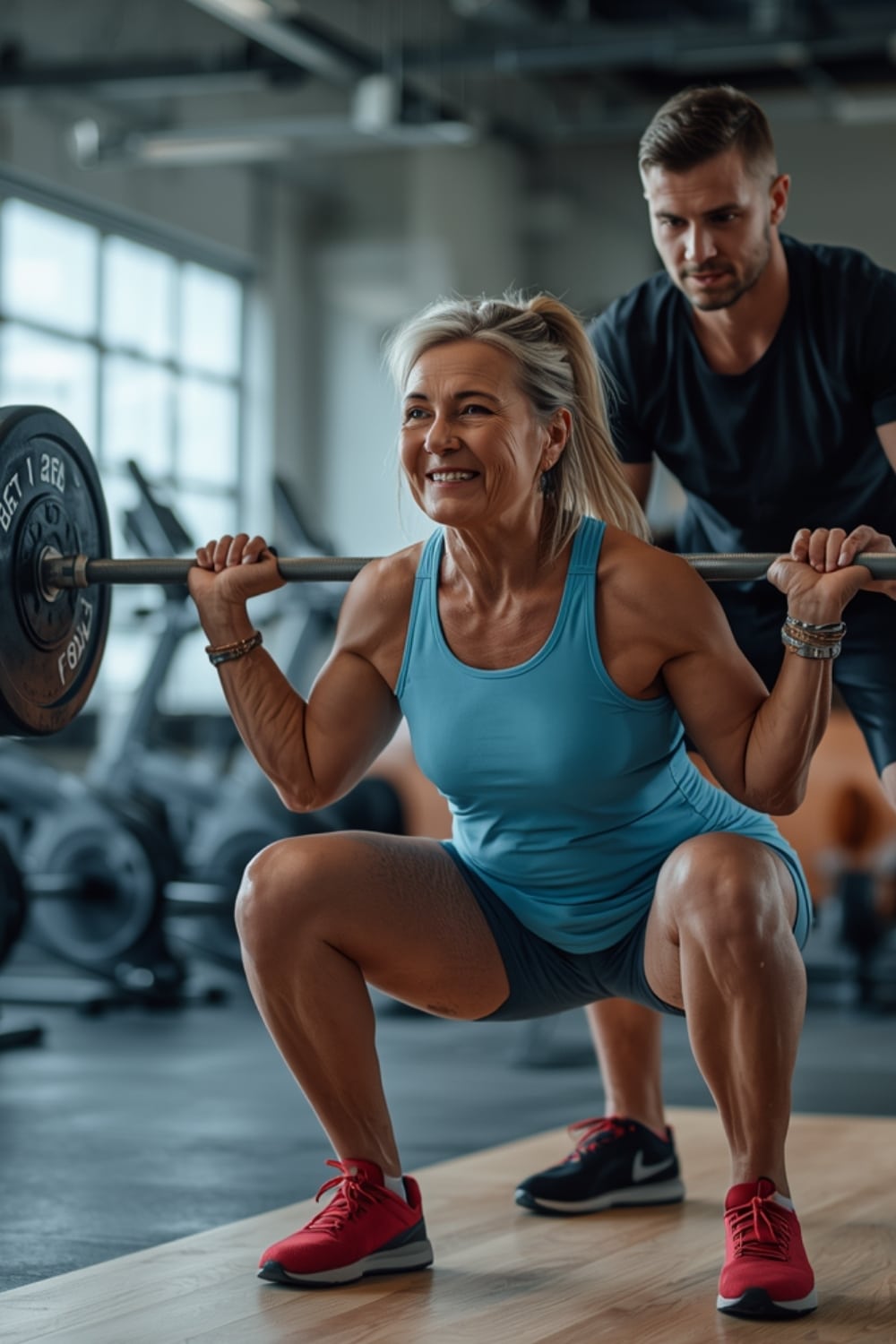 Entrenadora personal trabajando con una mujer con osteoporosis en el centro Healthy Fitness de Madrid