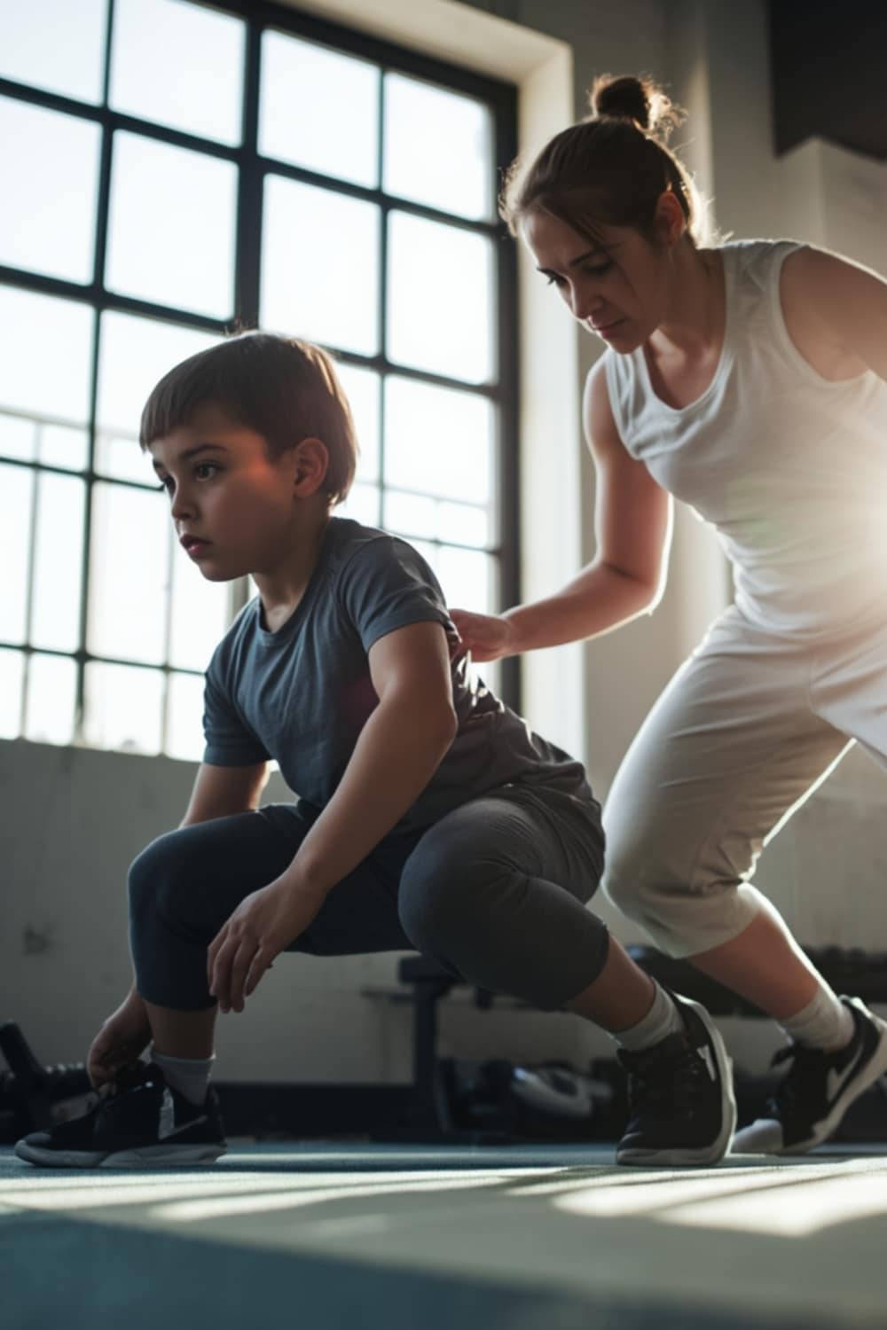 Entrenador personal supervisando ejercicio técnico con un niño en Healthy Fitness Madrid